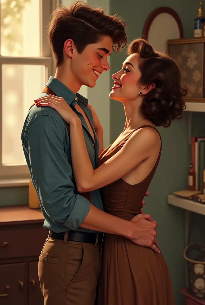 create me a realistic picture where a couple hugs each other. the boy has a fair white skin he is smiling and he has a deep dimples he has a brown hair in a cut of slightly short curly quiff cut he is wearing 1940's blue long sleeve but he folded it in half with the first button of the sleeve is unbuttoned but you see his brown tank top and has a brown pants with black belt on and dark brown shoes. for the girl she has a slightly tanned skin, smiling widely at the boy her hair is like a 1940 bun with curls on her forehead she is wearing brown fitted dress like it has a corset to keep her in shape and she is wearing white closed sandals with a strap