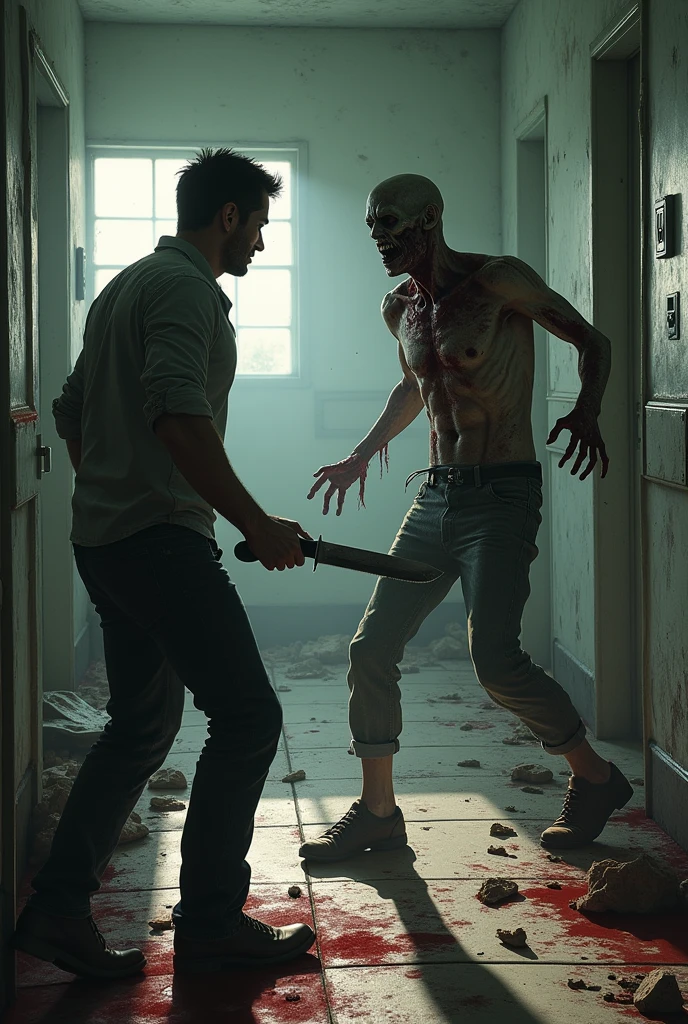 Abandoned hospital, man using a knife attacks zombie in front of him