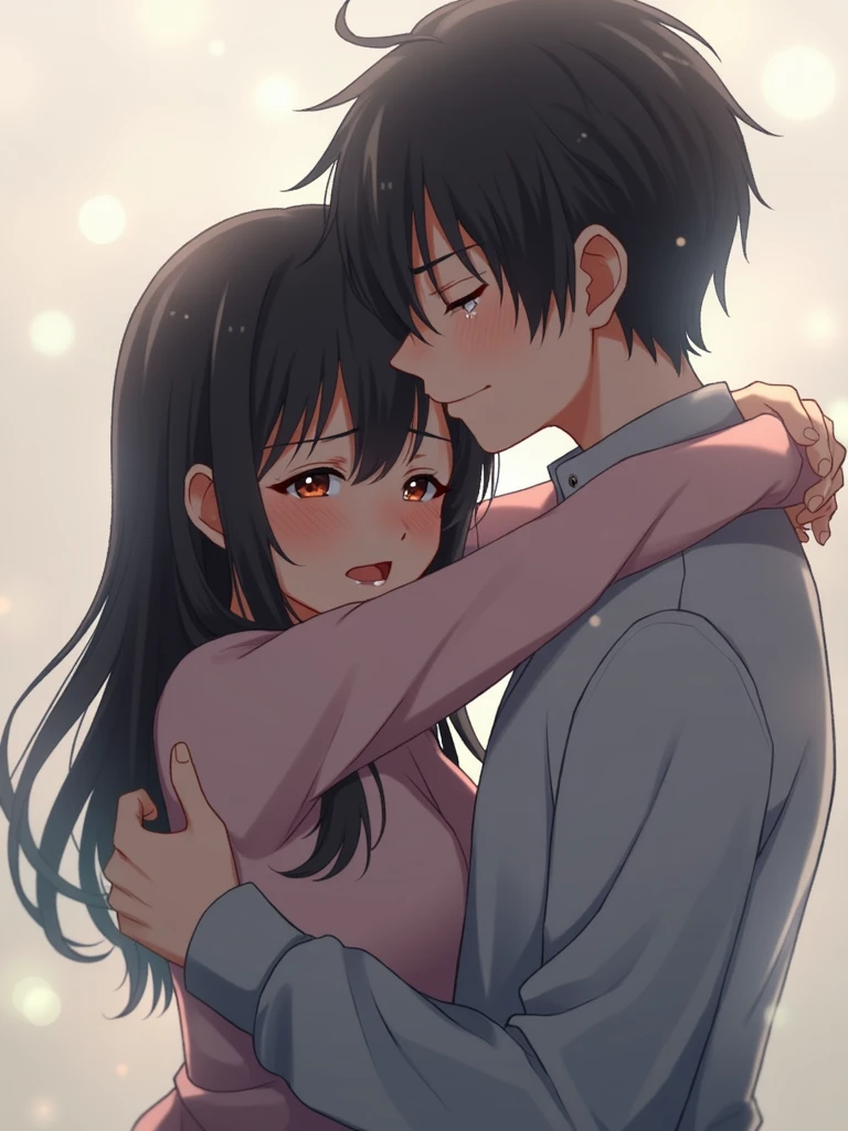 A sad anime couple in a tender embrace, with one person crying on the other's shoulder. Both characters have tearful, expressive eyes, showing deep emotion. The scene captures the sorrowful moment in a delicate, muted color palette, evoking a soft and gentle anime style