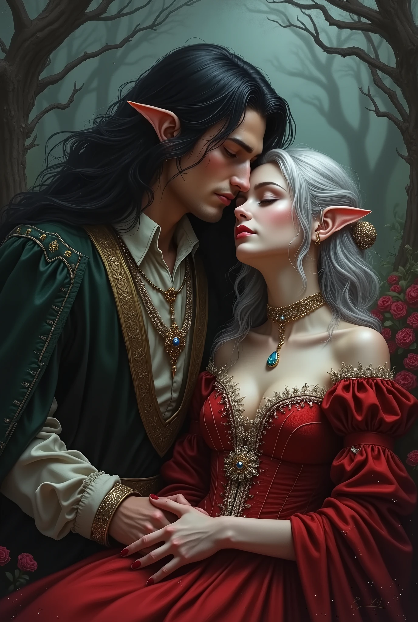 A beautiful black-haired elf girl, A blue-eyed young man in medieval noble costume is hugging a beautiful young woman., silver hair, Blue eyes in a luxurious red dress and jewelry in her arms as she slept., Amidst the dark atmosphere filled with evil spirits