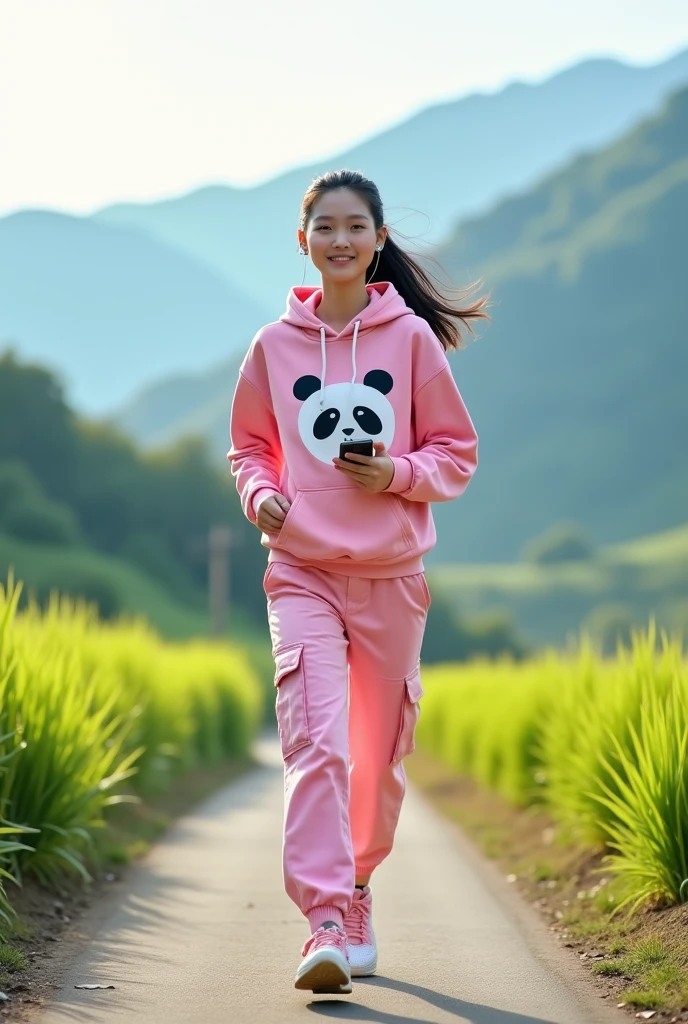 Beautiful Korean girl, smooth white skin, well-groomed face, thin smile, straight black hair tied, pink hoodie with panda motif, pink cargo pants, pink snacker shoes, wearing a headset, iPhone cell phone in hand, jogging on a very exotic country road, background mountains, on either side of the road there are fertile rice fields which look authentic, real and realistic in photos