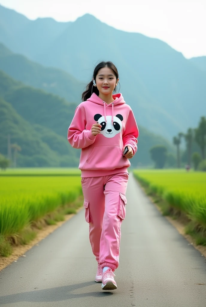 Beautiful Korean girl, smooth white skin, well-groomed face, thin smile, straight black hair tied, pink hoodie with panda motif, pink cargo pants, pink snacker shoes, wearing a headset, iPhone cell phone in hand, jogging on a very exotic country road, background mountains, on either side of the road there are fertile rice fields which look authentic, real and realistic in photos