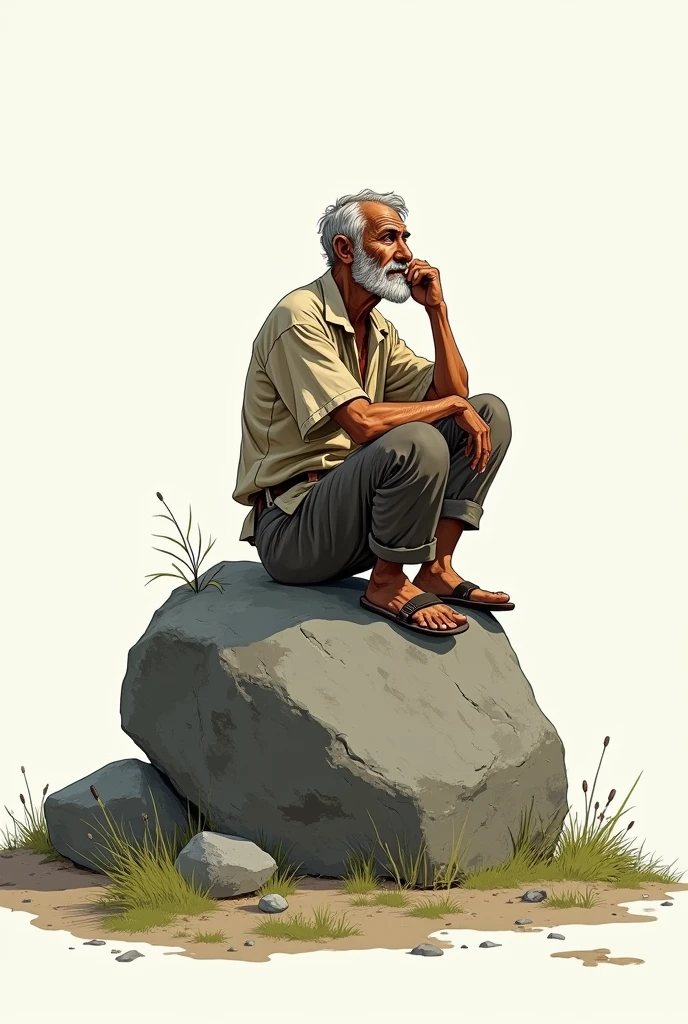 Man sitting on a rock thinking doodle style drawing without so many details and older with old clothes