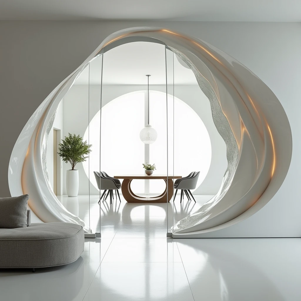 Artistic photographic image of a double-hinged door that divides a modern white minimalisitc living room from a dining room, featuring an Art Nouveau style fused with modern parametric geometry. The design is heavily influenced by Zaha Hadid's architectural aesthetics. The door should have fluid, organic lines and a dynamic form, with intricate geometric patterns integrated into the design. Use materials like glass, polished steel, and high-gloss wood, reflecting the luxurious and futuristic qualities typical of Hadid's work. The setting should be a contemporary, minimalist interior that complements the door's bold design.