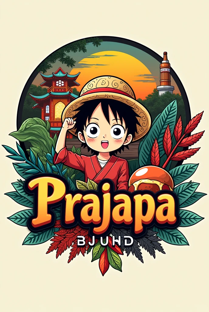 Create a logo with design references "One piece" for a restaurant with oriental characteristics, fair cake, Italian mass, Indian spices, Brazilian family, store name written "PraJapa" and a bottle of beer.