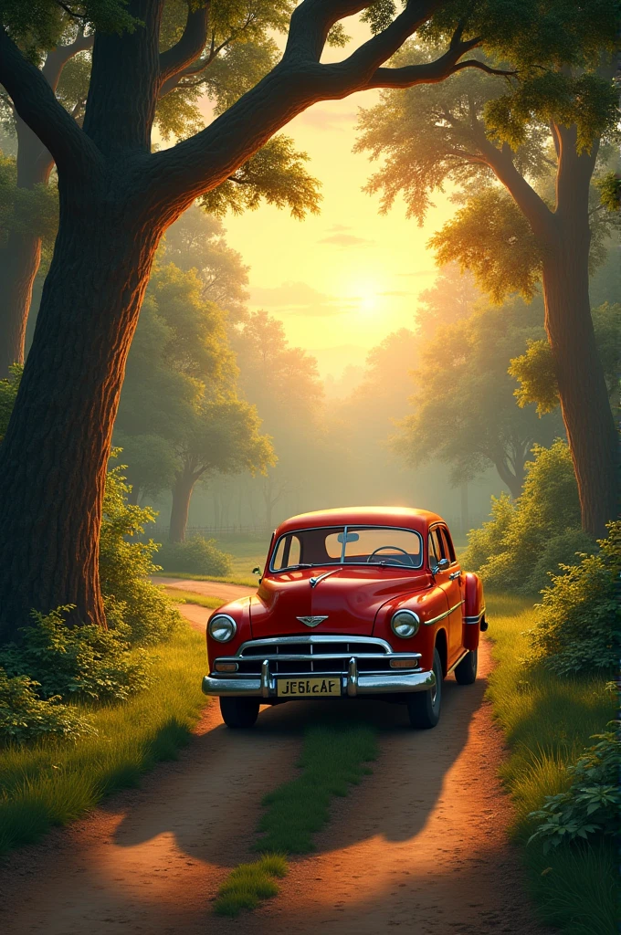 A red old car drive in beautiful wood with sunrise time