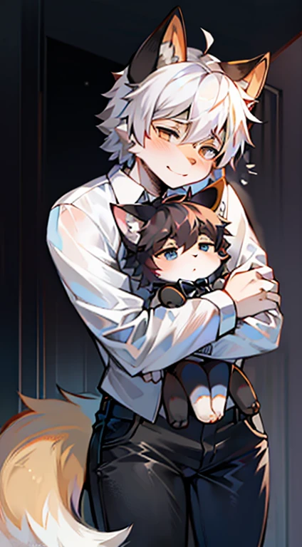 (Masterpiece),(bestquality),white messy hair,black cat beannie,fox ears,fox tail,white shirt,black tie,black stripped jeans,hugged a fox doll