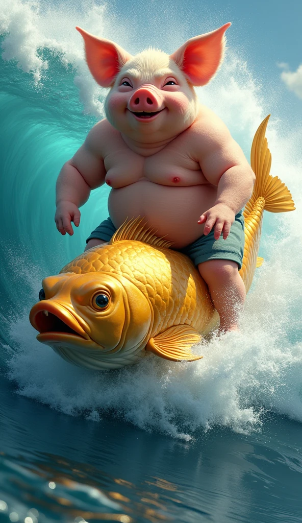 A pig, handsome, charming, attractive looking, muscular, puffy chest, shirtless, riding a giant golden fish, while surfing a wave