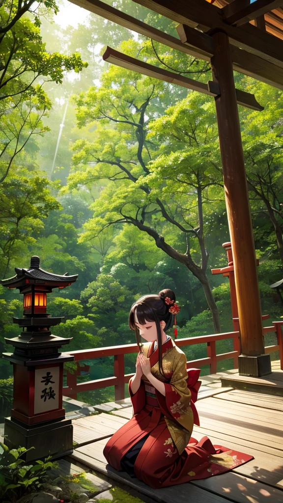 a beautiful woman kneeling in prayer at a serene shrine in a lush forest,traditional japanese kimono with elegant floral patterns in deep red and gold,beautifully tied obi sash,long dark hair in classic elegant bun with delicate hairpins,ancient wooden torii gates and stone lanterns,towering trees with leaves creating natural canopy,peaceful and mystical atmosphere,soft sound of leaves rustling,distant bird chirping,sunlight filtering through leaves casting dappled shadows,incense smoke rising with faint scent of moss and wood,sacred and tranquil setting,golden particles shimmering around her