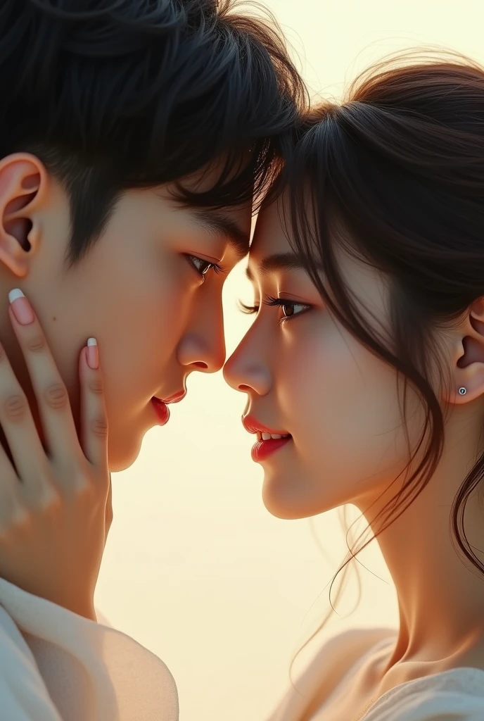 Beautiful Korean Women、Beautiful male and female couple、Facing each other,Long and beautiful upper eyelashes、Beautiful lower eyelashes、Beautiful Hair、Beautiful Hands、Put your hands on your face