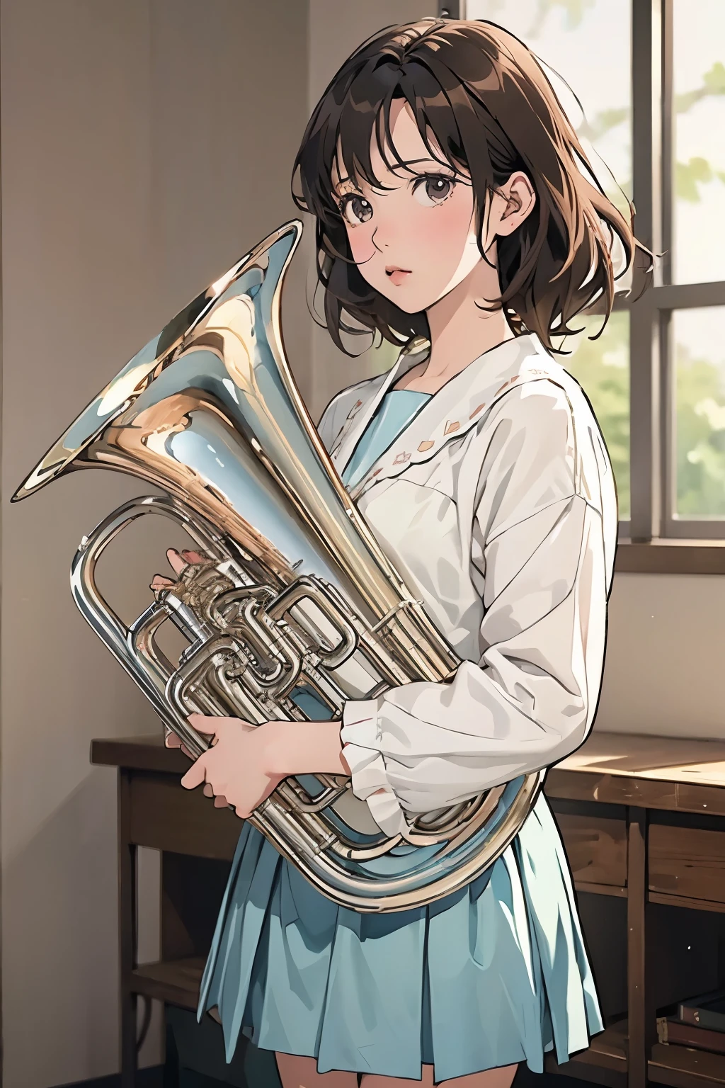 (masterpiece, Highest quality:1.2), (One Girl), play the euphonium, alone, (Draw the Euphonium Shape Accurately:1.4)、Standing、(From before)、In the uniform of Kitauji High School、(Blur the background)、Anime Art、4K、8k、wallpaper、