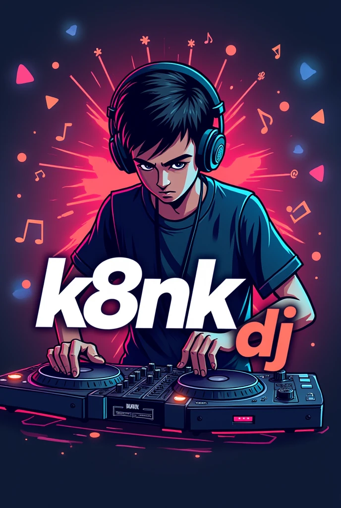 A logo "K8NK DJ" with background music signs a boy mixing