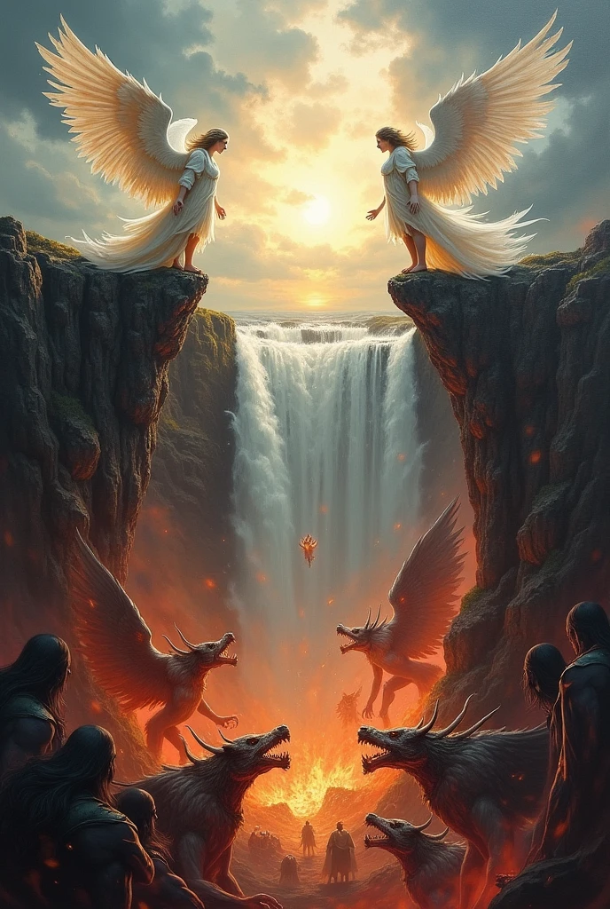 a painting of two angels standing on a cliff with a waterfall, angel in hell, angel vs devil, battle between Angels and Demons, diabo versus anjo, battle between good and evil, Angels vs Demons, heaven and hell, angel watching demon, Heaven vs. Hell, hell and heaven, Fallen angels, Angels and Demons, eros and tanatos, the final battle in hell