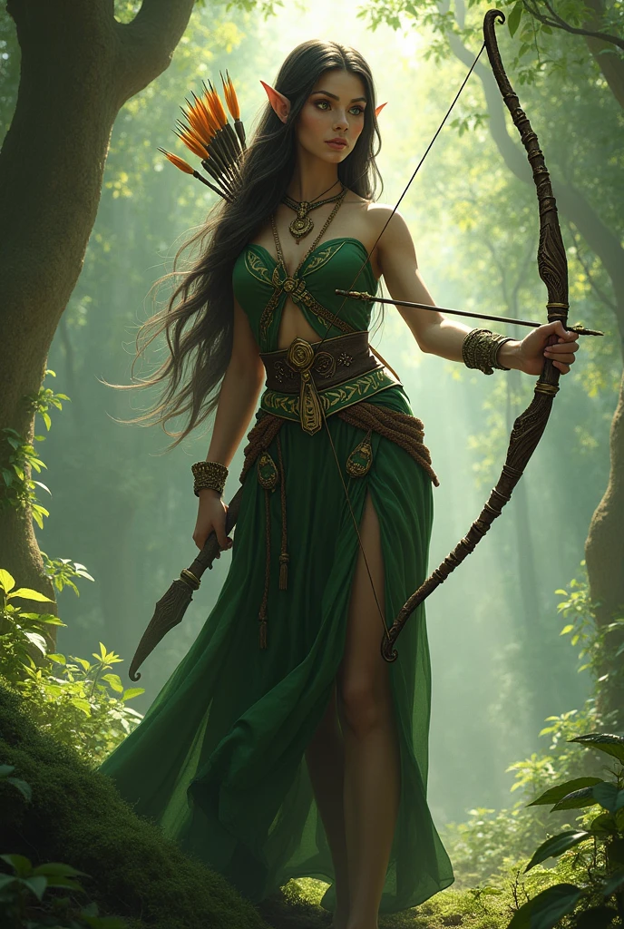 Super powerful elf with green eyes, dark brown hair with accessories and with bow and arrow 