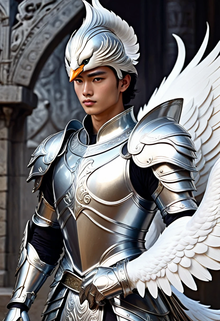 A young man in silver metallic armor, Cel animation style, Swan carvings are designed on the armor., I can see your real face, Armor in the shape of a swan's wing, Blond long hair man, Long Hair, Silver armor over blue clothes, Super beautiful image quality, Professional painter, Highest quality, 1, Saint Seiya, Saint Seiya,