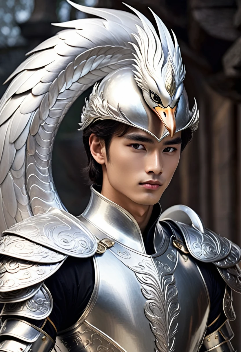 A young man in silver metallic armor, Cel animation style, Swan carvings are designed on the armor., I can see your real face, Armor in the shape of a swan&#39;s wing, Blond long hair man, Long Hair, Silver armor over blue clothes, Super beautiful image quality, Professional painter, Highest quality, 1, Saint Seiya, Saint Seiya,