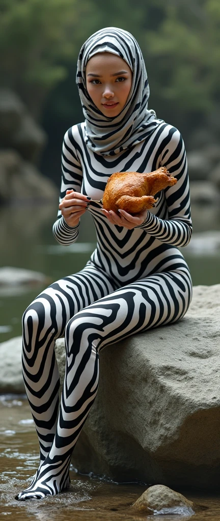 The most beautiful,thin,most pretty and clever Asian muslimah adult girl wears plains zebra lycra turtleneck unitard catsuit covered with stripes.She always wear plains zebra print lycra dancewear stretchy hijab covered with many stripes.She is sitting on the big rock and eats roasted chicken.