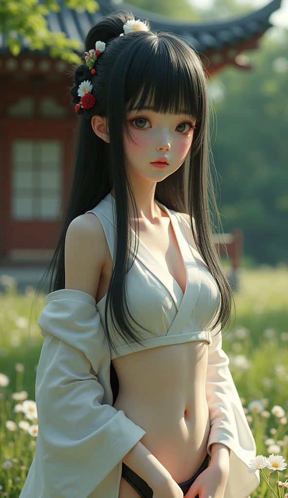 (masterpiece, Highest quality, RAW Photos, Surrealism, 8k, Very detailed, so beautiful), (, The perfect human body, Silky skin, Realistic Skin, country, , Japanese Shrine Maiden, Exposed shoulders、Bored face, Narrow waist, Thin legs, Large Breasts, Baby Face, beautiful and cute face), (Round face, Black Hair, Watery eyes, Shining Eyes, The hair is long and black, bangs, Lowered eyebrows, A slight blush), (Turn your body forward), (Staring at the audience),Natural light、whole body、full length