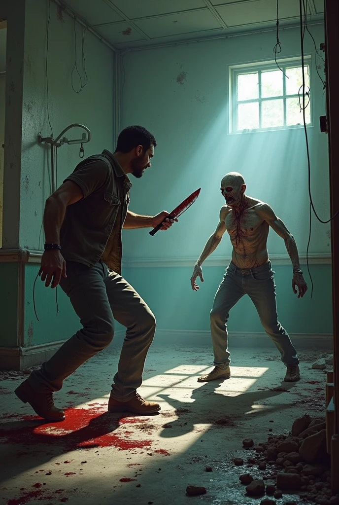 Abandoned hospital, man using a knife attacks zombie in front of him, zombie is dead and falls to the ground, 