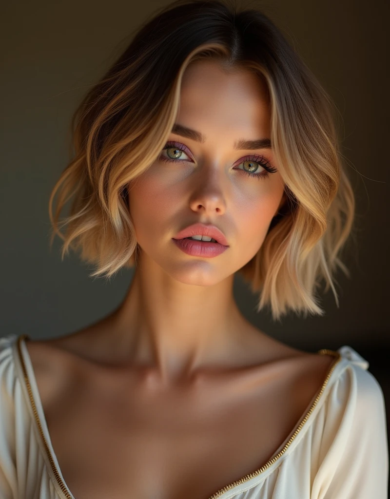 A innocent mommy, (glossy pink lipstick, light purple eyeliner), sensual eyes and long eyelashes, glossy dark blonde hair short bob haircut, opened unzipped tight blouse, (nice huge cleavage), front shot, warm light