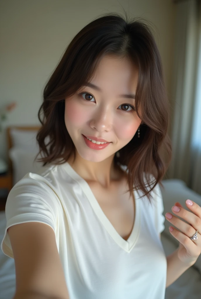Japanese women、bedroom、Selfie、fair skin、Big Breasts、single eyelid、Year: 35、Moderate、T-shirt、wedding ring