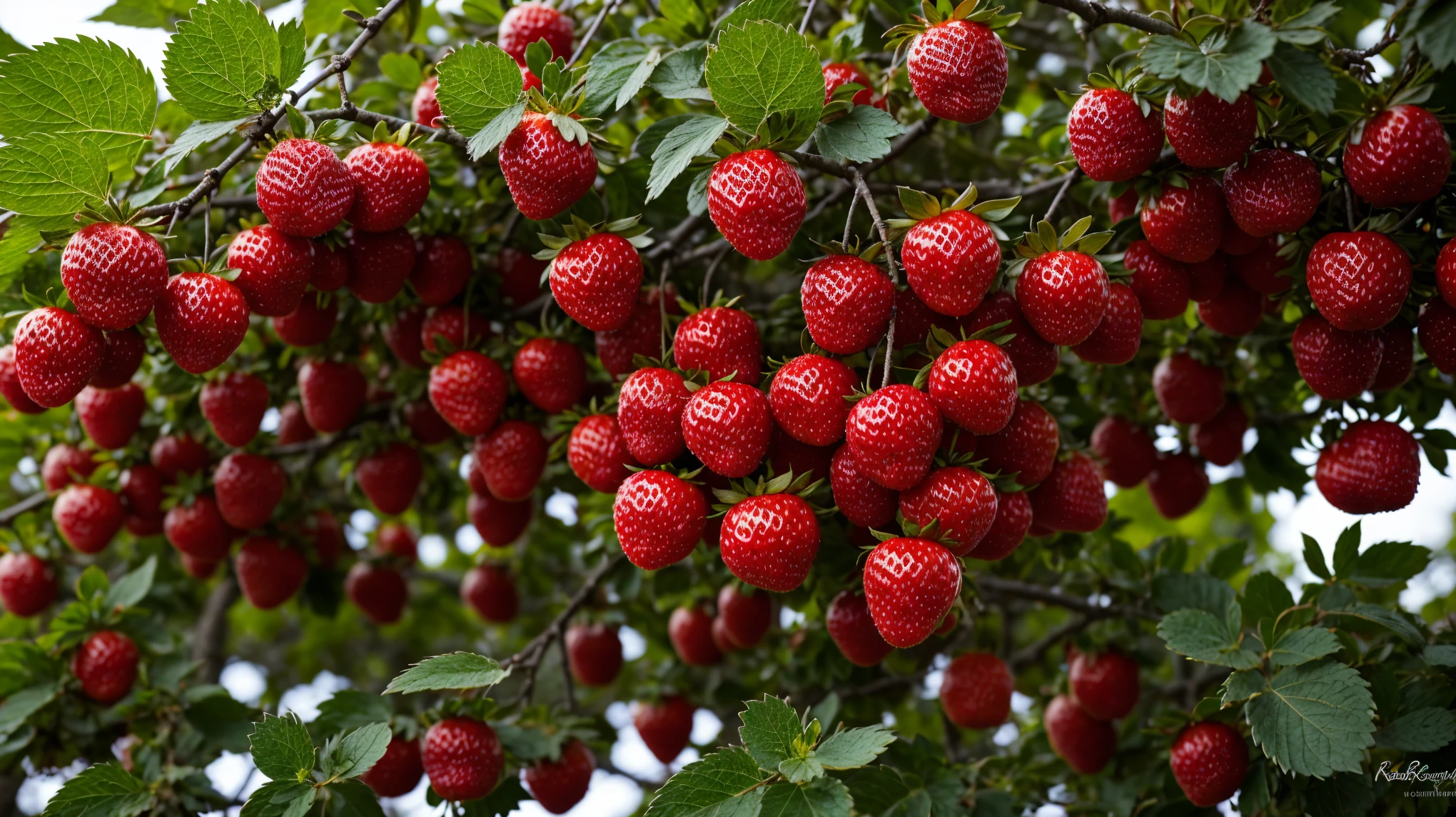 A large cluster of strawberries hangs from the tree, morango, berries inside structure, berries dripping, squashed berries dripping, Outstanding detail, berries, fight with strawberries, Strawberry, “berries, fruit trees, strawberry fields forever, Masterpiece works of art, raspberry, squashed berries, Clear detail, Fruit, author:Robert Brackman, mind-blowing detail, 32K UHD, Style RAW