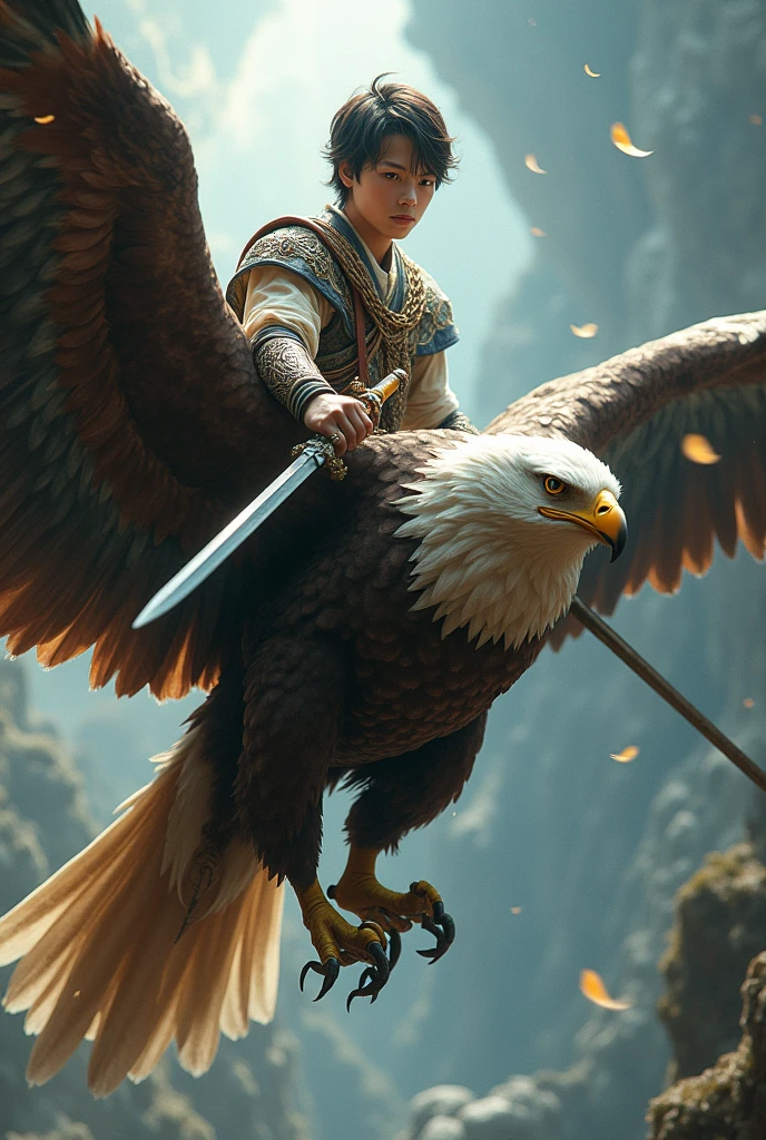 A young man holding a sword sitting on an eagle 4D