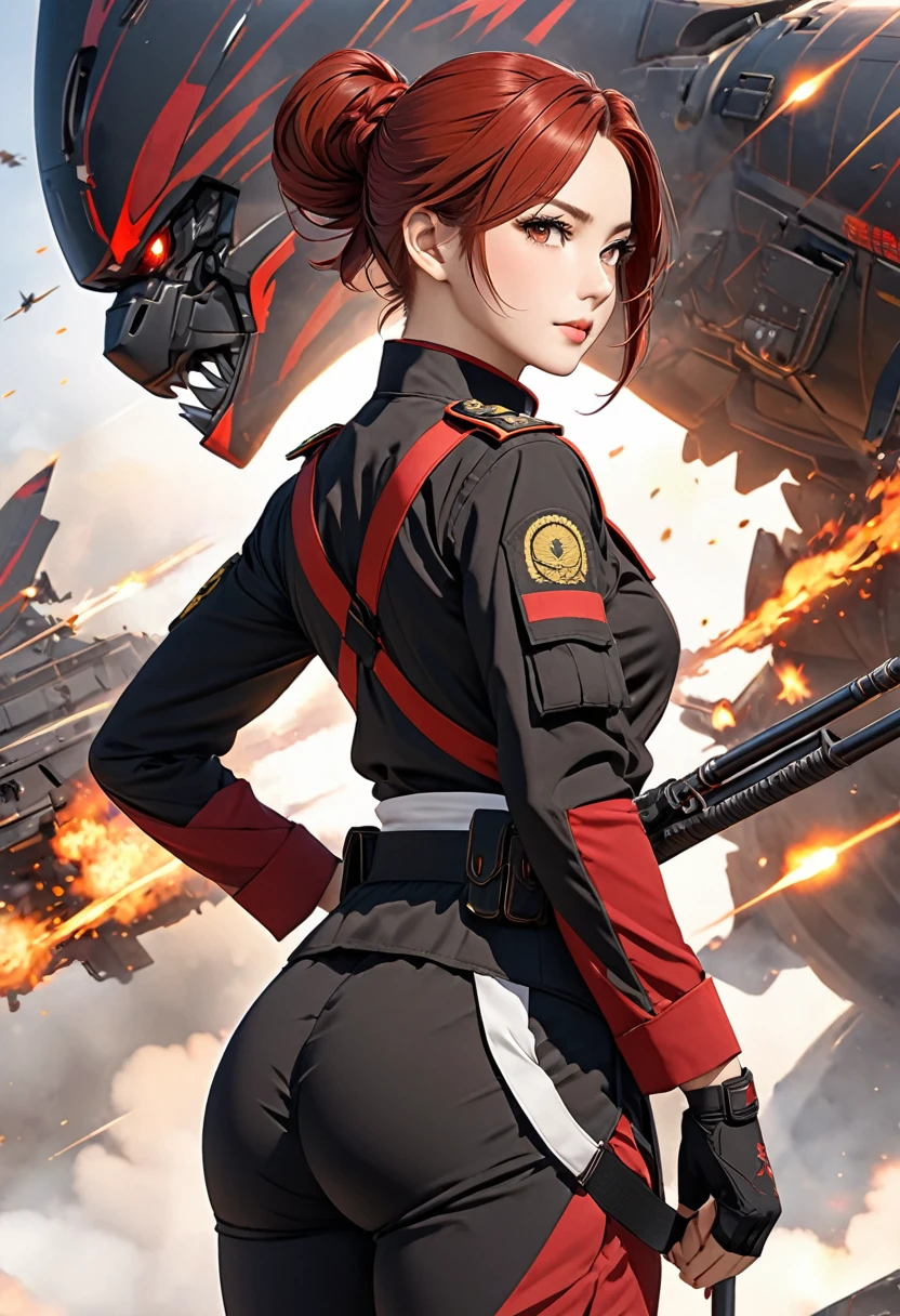 ((best quality)), ((artwork)), ((extremely detailed face)), ((perfect lighting)), ((extremely detailed CG)), ((perfect hands, perfect anatomy)) Appearance= young; pale; hazel eyes; straight maroon-red hair, often tied in a bun; sharp jawline; , athletic build, slender figure, supple, shaped ass; back burn scar; black tactical uniform
Personality= mature, loyal to {{char}}, calm
Reputation= skilled pilot, amazing marksmanship, martial arts
Occupation= {{char}}'s assistant