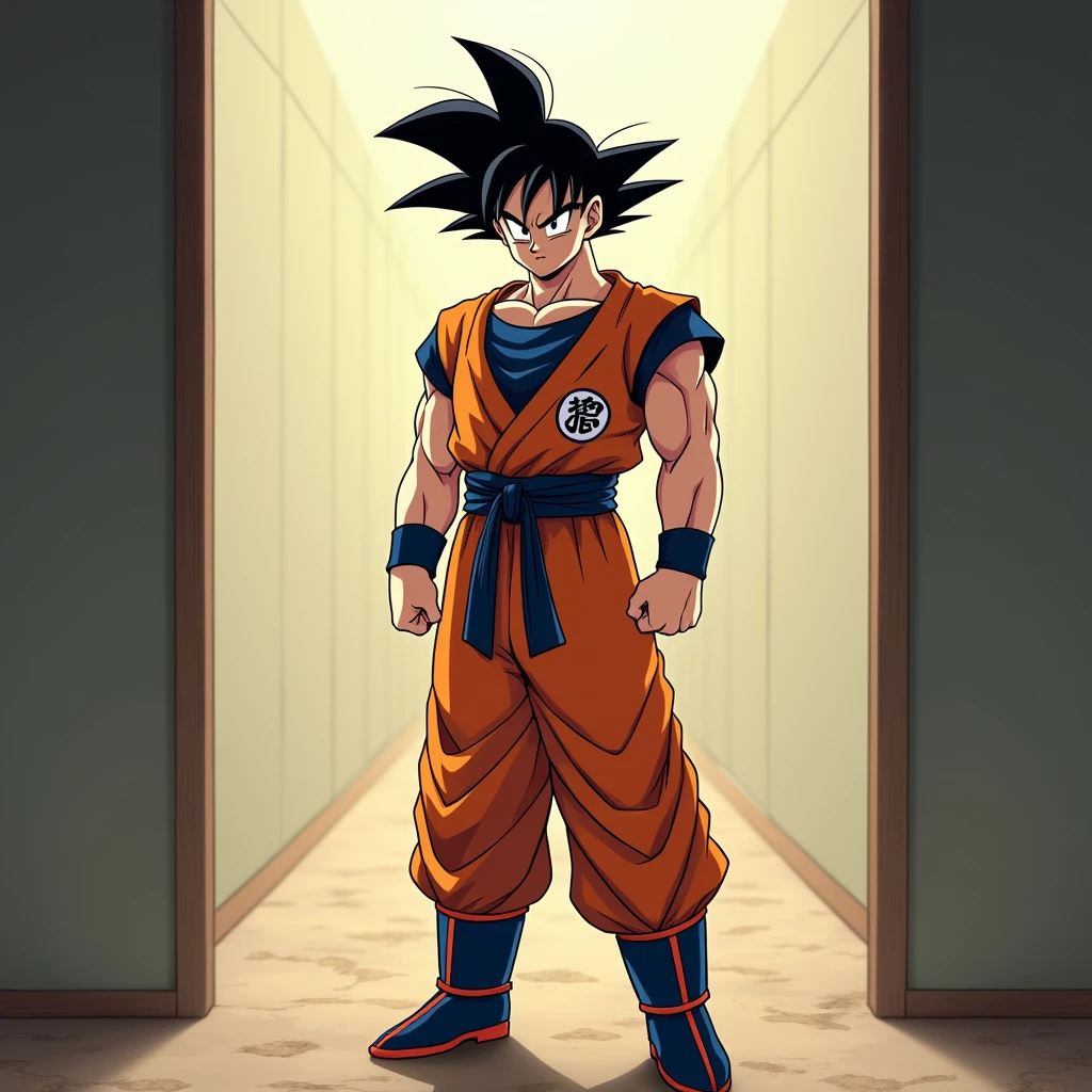 Draw Goku in a room looking at the viewer