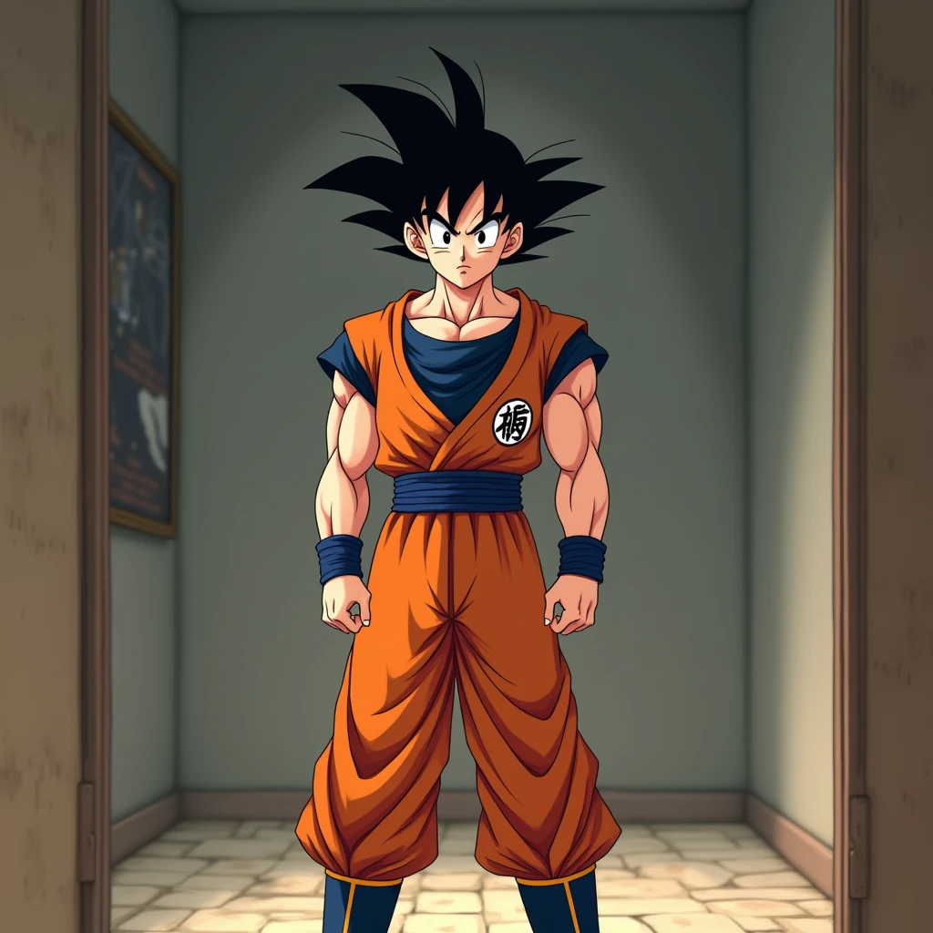 Draw Goku in a room looking at the viewer