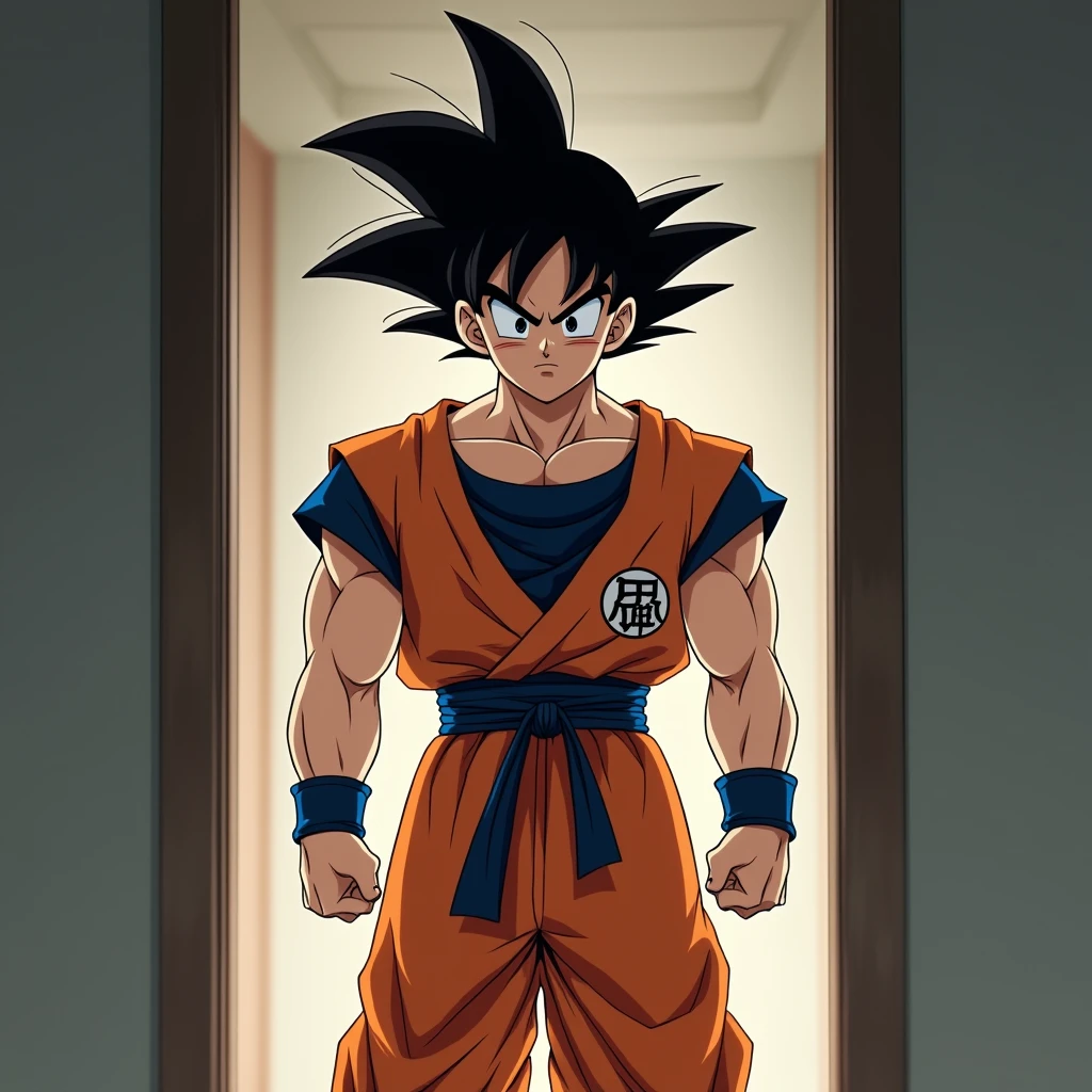 Draw Goku in a room looking at the viewer 