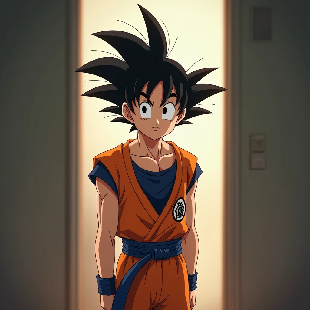 Draw Goku in a room looking at the viewer
