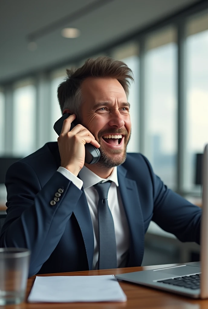 man talking on phone with smile in office 