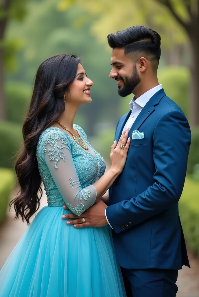 An engagement pic of  Pakistani couple in blue dress