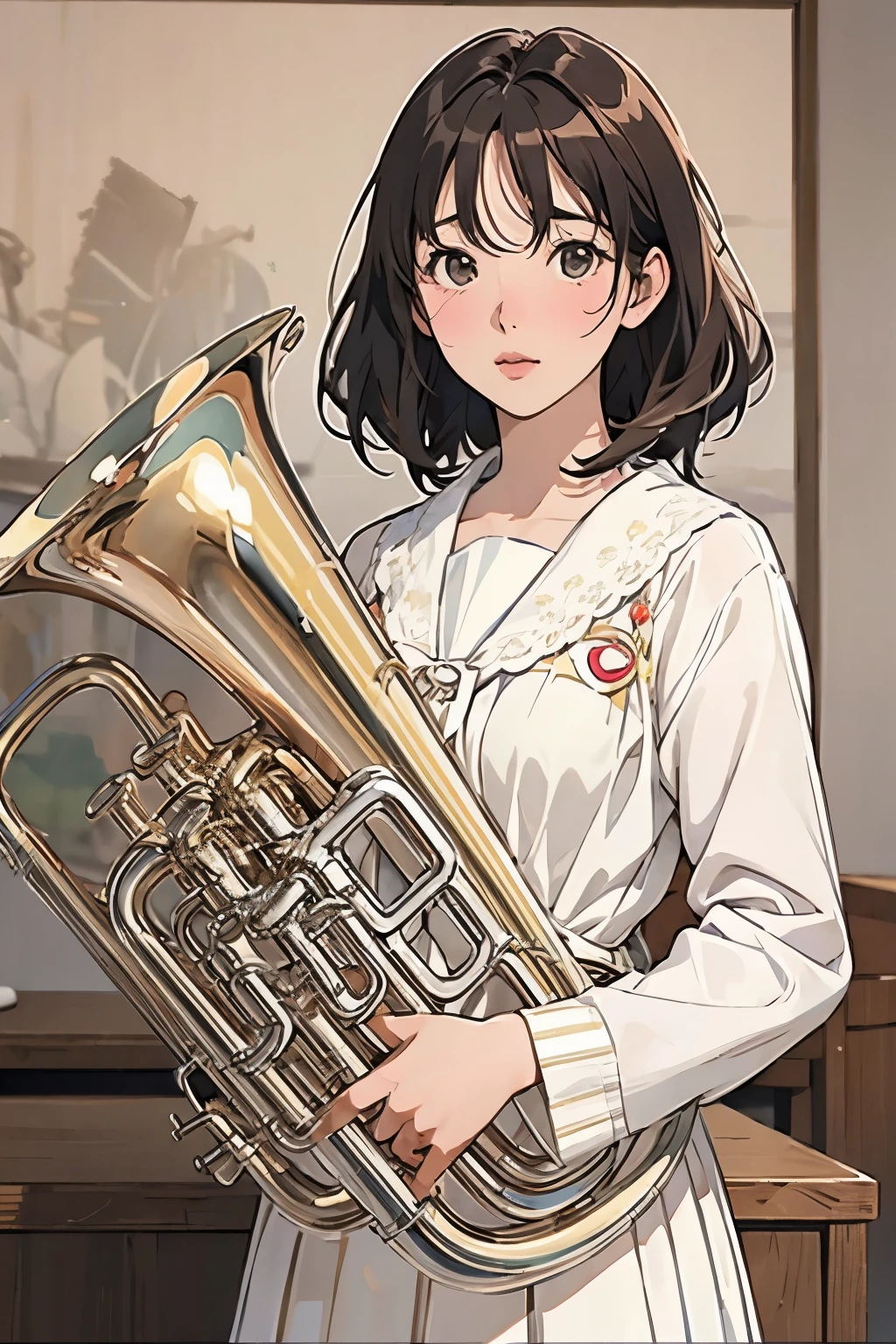 (masterpiece, Highest quality:1.2), (One Girl), play the euphonium, alone, (Draw the Euphonium Shape Accurately:1.4)、Standing、(From before)、In the uniform of Kitauji High School、(Blur the background)、Anime Art、4K、8k、wallpaper、