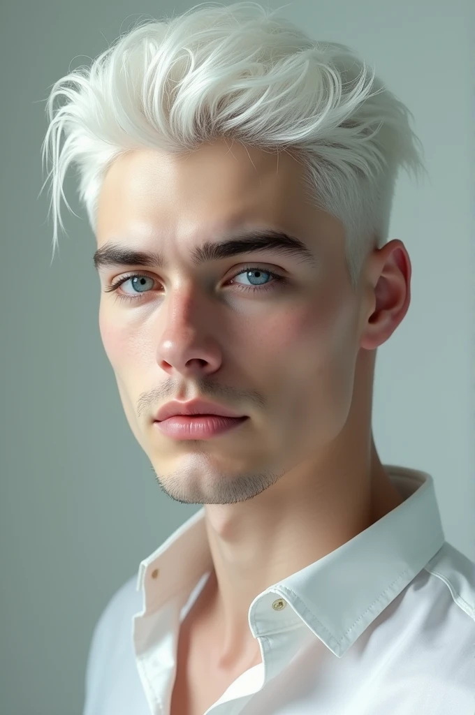 Make A Boy Around 20 He has perfect jawline he has White Skin Also he Have white hair he have no beared he Have Blue blue eyes We is Kind in Nature Abd he Is Strong