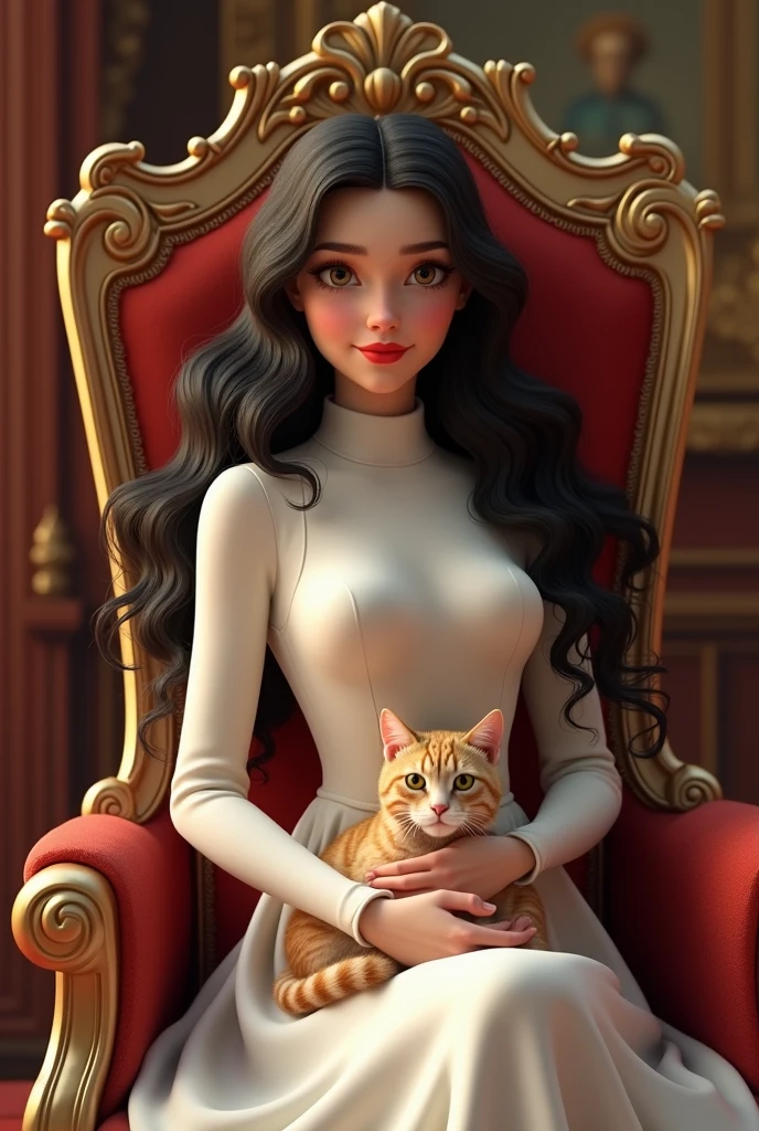 Pretty girl with long curly hair wearing white turtle neck formal dress and red lipstick sitting in the royal chair while cat sitting in her legs. 3D semi animated 