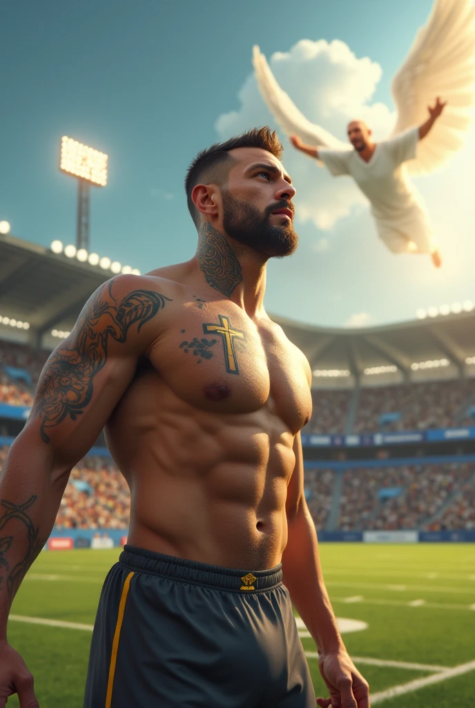 man with a cross tattoo on his neck, it's a tattoo on the arm, playing football and his proud father in heaven