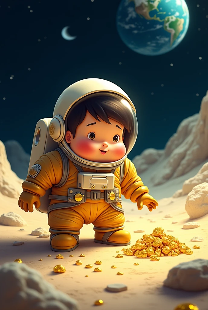 Draw me a picture , chubby boy is an astronaut , landing on the moon, pick up 24k gold
