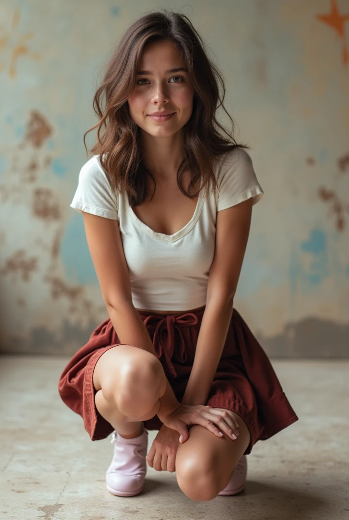 Girl wear short skirt, squat