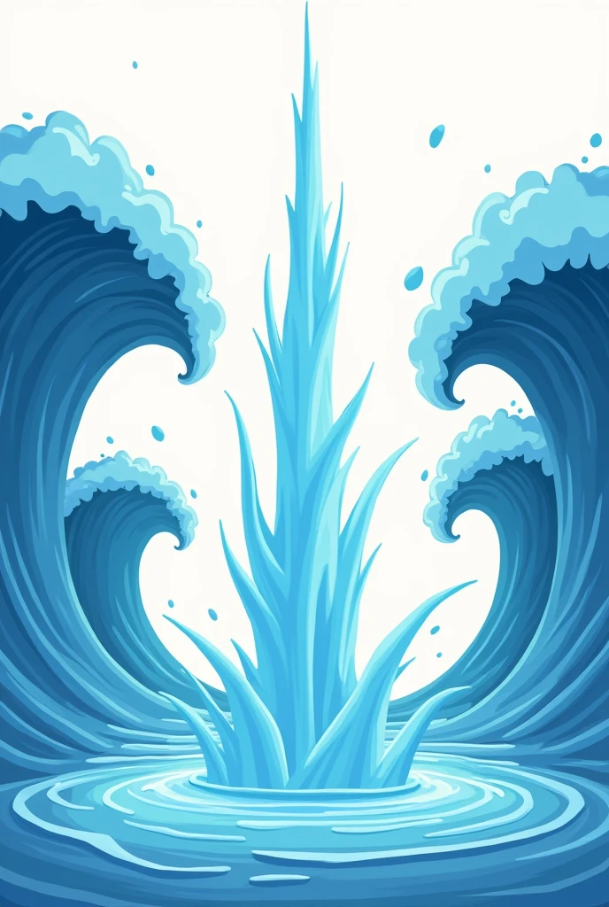 Please create a high-resolution image,Abstract stick cartoon。A spring of water sprays vertically upward into a water column,Four huge waves splashed high up。Wave height varies,Not on the same level。The waves are more natural。