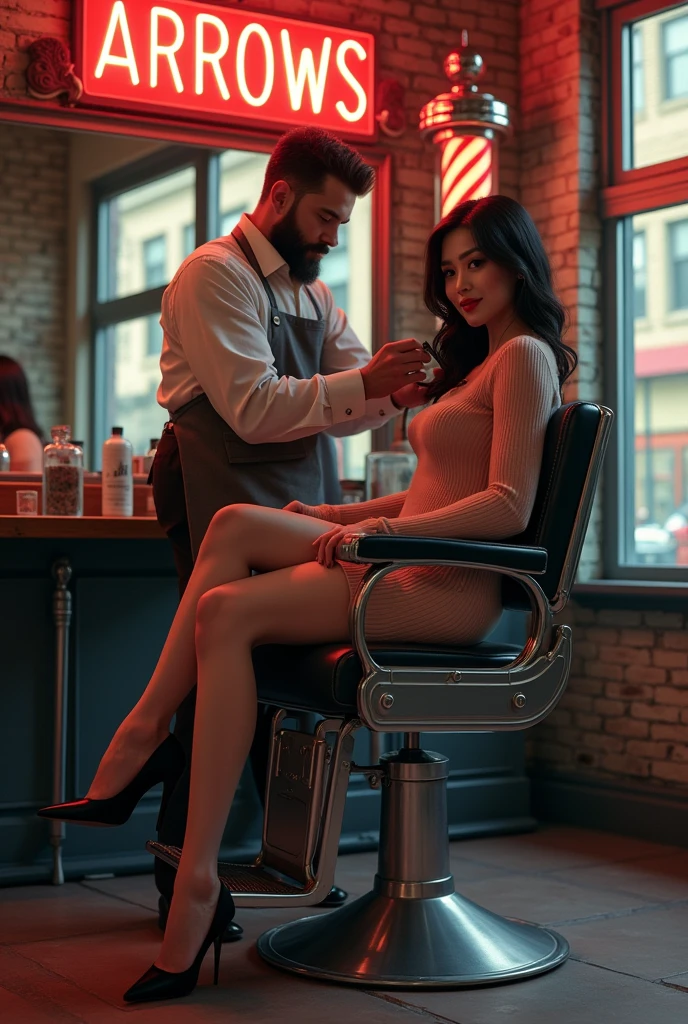Retro Barber Shop, Barbershop in Brooklyn, New York, window, mirror, Portrait poster, Faded red brick wall,high quality, masterpiece, 「ARROWS」Neon sign with words in capital letters, A barber pole hanging on the wall, Two people, Man with a beard,apron, Have a comb, combing, (Beautiful woman, sexy, Wearing high heels, Asian, Beauty, Red Lip, Knitted dress, Black knitted tights, stockings, Long Hair, Beautiful eyes, smile, teeth, Blushing Sitting in a swivel chair, Curvaceous figure, Attractive feminine curves, Woman crossing legs)