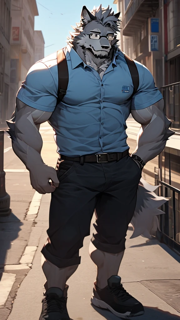 A Very Muscular Furry Gray Wolf. He is wearing A Blue short and white and Blue Shirt with a belt. He is sad with a sad Face on his face. He is looking at you. He have A Gray messy hair. His left hand is holding A Smartphone and his right hand is on his leg. He is wearing a black glasses. He is standing