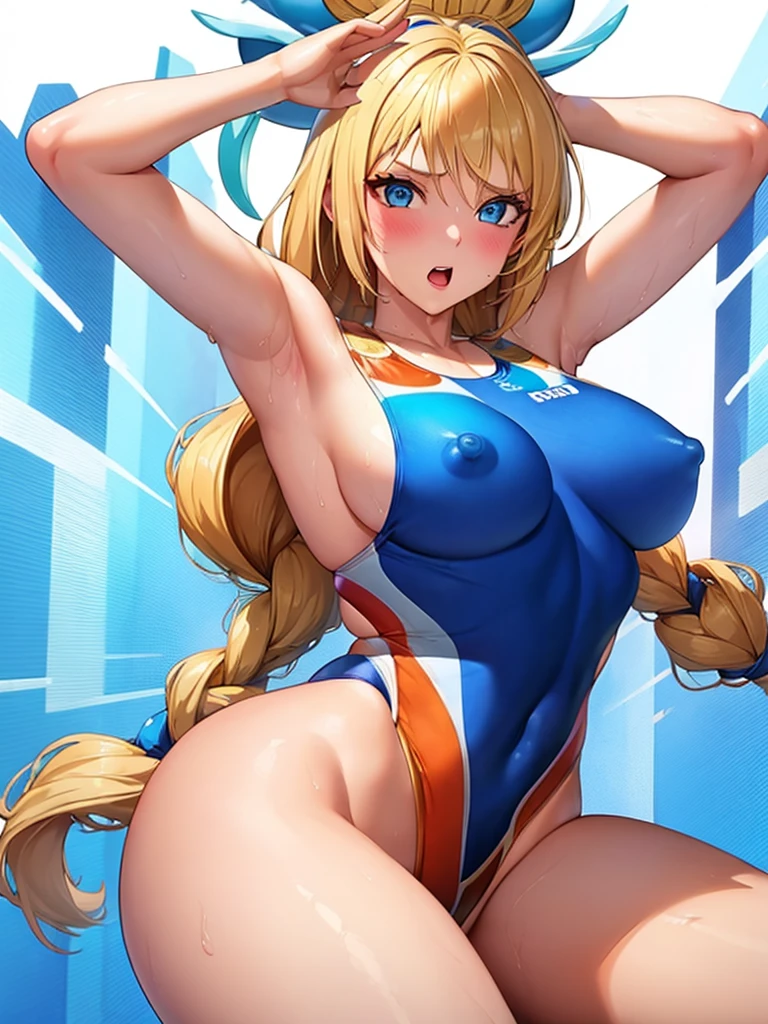 (White background, 1girl:1.4), BREAK,Long blonde hair, blue eyes,Narrow waist,voluptuous Breasts,(one-piece competitive swimwear,one-piece competition swimsuit:1.6), blush,Open your mouth,(covered nipples:1.2)