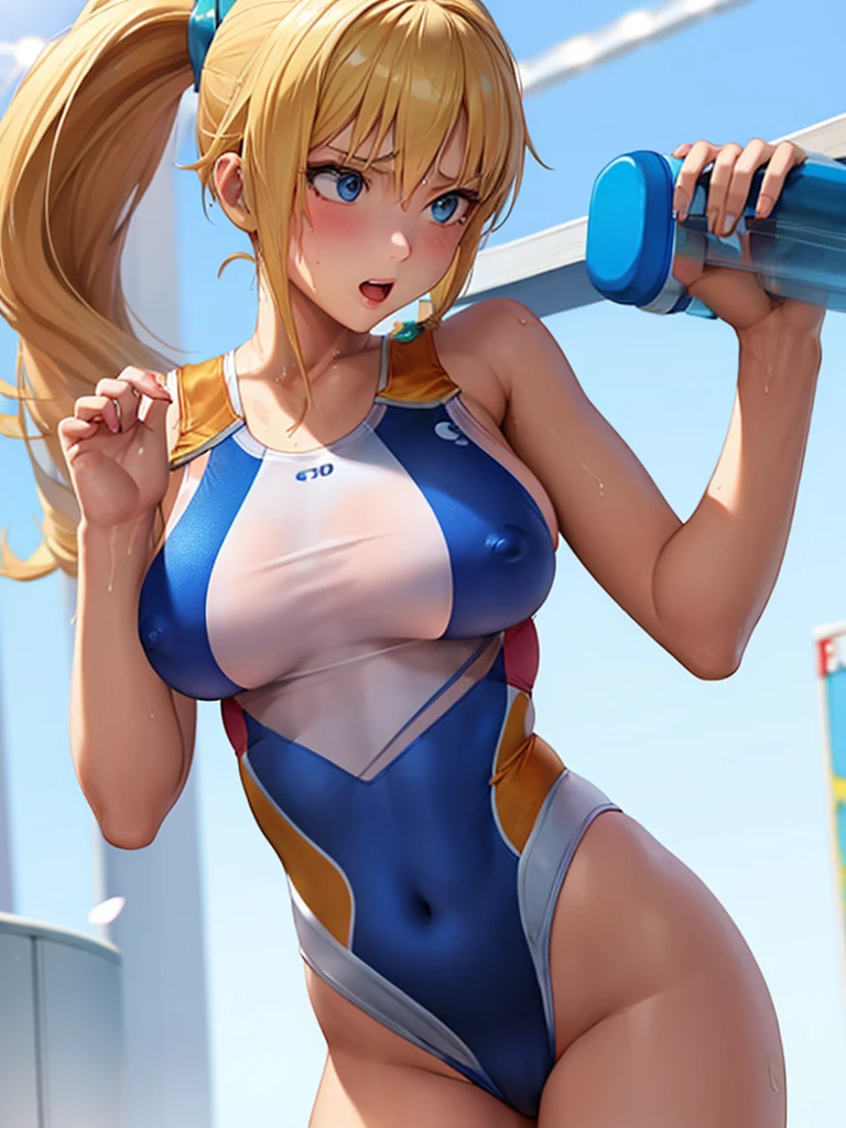  (White background, 1girl:1.4), BREAK,Long blonde hair, blue eyes,Narrow waist,voluptuous Breasts,(one-piece competitive swimwear,one-piece competition swimsuit:1.6), blush,Open your mouth,(covered nipples:1.2)