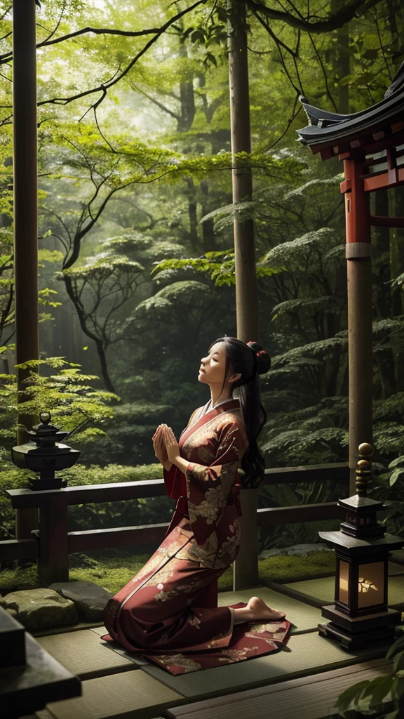 a beautiful woman kneeling in prayer at a serene shrine in a lush forest,traditional japanese kimono with elegant floral patterns in deep red and gold,beautifully tied obi sash,long dark hair in classic elegant bun with delicate hairpins,ancient wooden torii gates and stone lanterns,towering trees with leaves creating natural canopy,peaceful and mystical atmosphere,soft sound of leaves rustling,distant bird chirping,sunlight filtering through leaves casting dappled shadows,incense smoke rising with faint scent of moss and wood,sacred and tranquil setting,golden particles shimmering around her