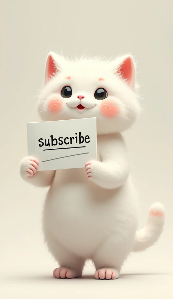 A sturdy white cat in the shape of a human, carrying a piece of paper that says subscribe, with a cheerful facial expression