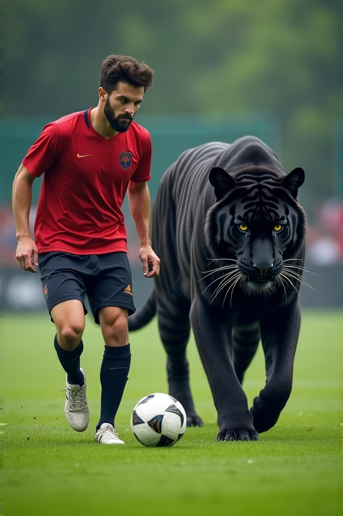 a man playing football with black tiger

