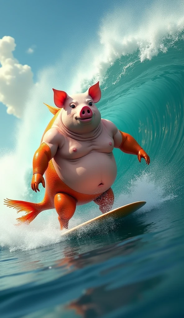 A muscular, chesty, shirtless pig riding a giant goldfish while surfing a wave