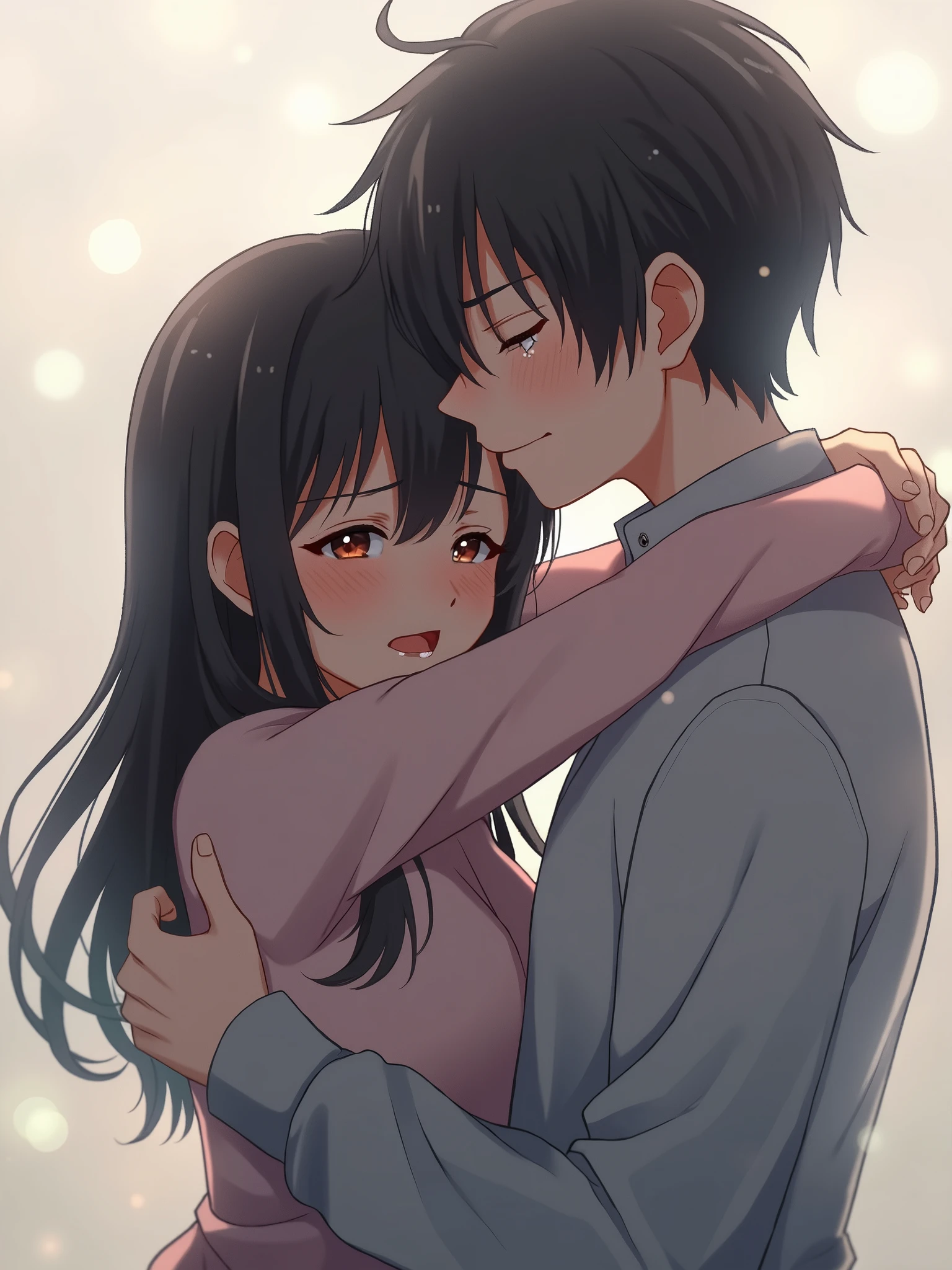 A sad anime couple in a tender embrace, with one person crying on the other's shoulder. Both characters have tearful, expressive eyes, showing deep emotion. The scene captures the sorrowful moment in a delicate, muted color palette, evoking a soft and gentle anime style